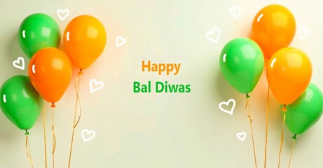 Happy Bal Diwas greeting card.  Children's Day in India. Green and orange ballons on beige pastel background. Holiday banner. Copy space.