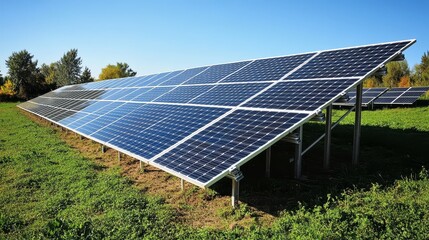 there are many solar panels on the plain. And it is a sunny day