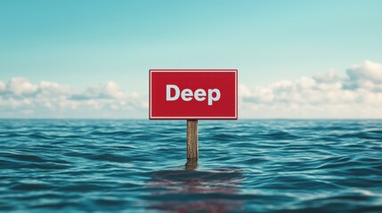 A red sign "Deep" is floating in the ocean. The sign is in the water and is surrounded by the blue ocean.