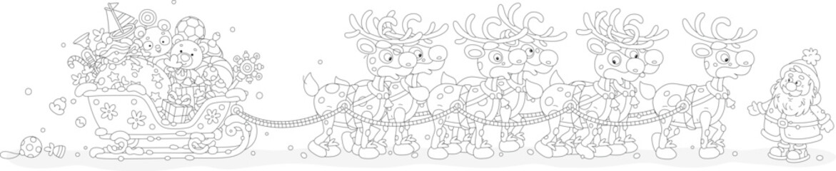 Santa Claus with holiday gifts going to travel in his magic sleigh with a team of flying reindeers on a snowy night before Christmas, black and white vector cartoon illustration