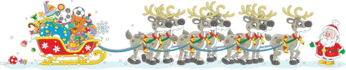 Santa Claus with holiday gifts going to travel in his magic sleigh with a team of flying reindeers on a snowy night before Christmas, vector cartoon illustration on a white background