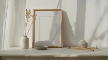 A clean, contemporary desk setup with white walls and wood accents. A blank picture frame is the focal point