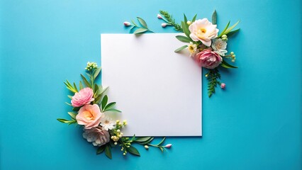 Obraz premium Minimalist blank paper with floral border on blue background for elegant messages