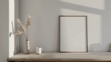 A clean, contemporary home office setup with white walls and a wood-toned desk. The desk highlights a blank picture frame and a small ceramic mug. Gentle