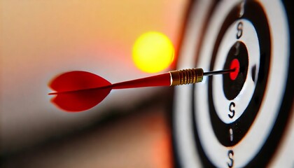 Close-Up of a Dart Hitting the Bullseye on a Target with a Sunset Background