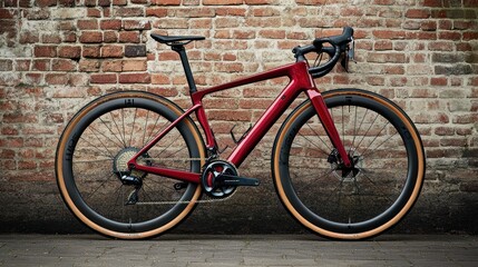 Red Carbon Fiber Road Bike with Tan Tires Parked Against a Brick Wall