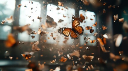 A vibrant butterfly flits gracefully amidst swirling fragmented pieces, illuminated by sunlight, creating a captivating and dynamic representation of transformation and freedom.