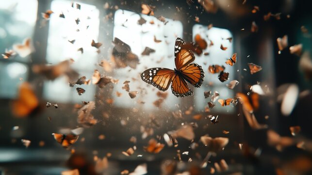 A vibrant butterfly flits gracefully amidst swirling fragmented pieces, illuminated by sunlight, creating a captivating and dynamic representation of transformation and freedom.