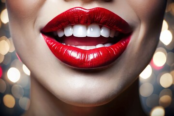 Close-Up of Woman's Mouth with White Teeth and Red Lipstick - High Dynamic Range Beauty Photography