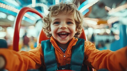A joyful child with curly hair grins broadly while seated on a lively amusement park ride, surrounded by vibrant lights and excitement, capturing pure happiness.
