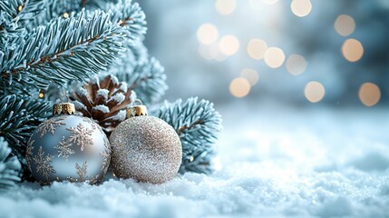 A cozy Christmas scene featuring frosted evergreen branches with snowflakes and silver ornaments, perfect for holiday cards, festive invitations, and seasonal designs.