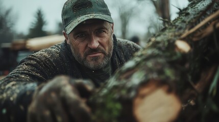 Man wearing work attire with determined expression interacts with wet timber in an outdoor environment, showcasing rugged reliability and focus in damp conditions.
