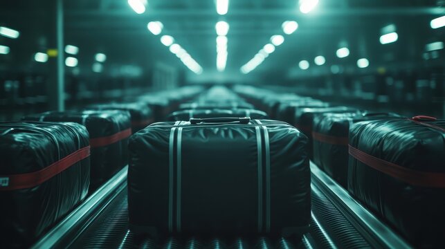 A row of neatly aligned suitcases on a sleek airport conveyor under glowing lights suggests the organization and continuous flow of modern travel.