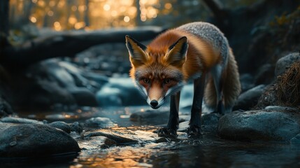 A red fox stands by a stream in a forest, looking down at the water, with the setting sun illuminating the scene.