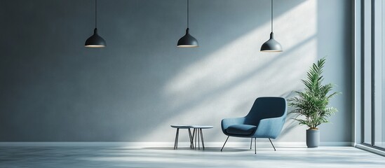 Minimalist living room interior design with a blue armchair, a coffee table, and potted plant.