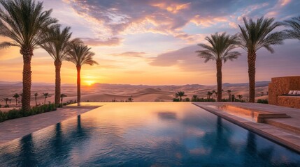 Desert Oasis with a Pool and Palm Trees at Sunset