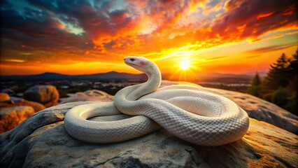 Fototapeta premium Close-up Silhouette of a White Snake on a Rock in Nature