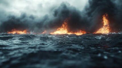 Fototapeta premium A scene of raging fire stretches across turbulent ocean waters, creating an intense and visually striking portrayal of nature's elements in violent conflict and chaos.