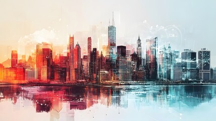 Obraz premium Modern cityscape network icons double exposure. 