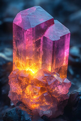 A vibrant pink and orange crystal formation glows against a dark background, showcasing intricate facets and a striking luminescence.