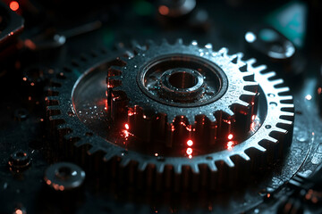 A close-up view of a metallic gear with intricate details, illuminated by glowing red lights, showcasing mechanical precision and artistry.