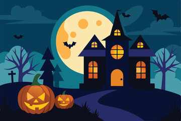 Halloween pumpkin and hunted house  with full moon background  - Generative AI