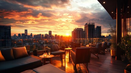 Obraz premium Rooftop Lounge with Sunset Cityscape and Cozy Seating
