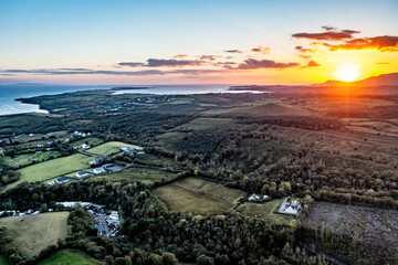 Aerial view of beautiful sunset above Brenter between Dunkineely and Inver in County Donegal, Republic of Ireland.