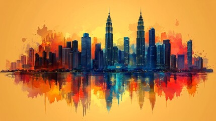 Fototapeta premium A vibrant artistic depiction of a city skyline reflecting on water at sunset.