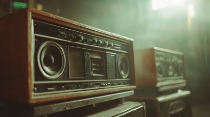 Fototapeta premium The image features vintage radios sitting in a softly lit room, evoking a sense of nostalgia and the warmth of classic, timeless design elements from the past era.