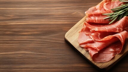 Slices of delicate prosciutto are beautifully arranged with fresh rosemary on a wooden platter, creating a rustic and inviting gourmet dish perfect for any gathering.