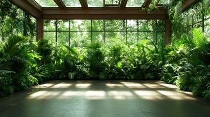 A spacious indoor garden filled with lush tropical plants, large windows allowing natural light, creating a serene and refreshing environment for relaxation and tranquility.