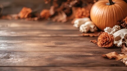 Fototapeta premium A rustic scene featuring a pumpkin surrounded by floral elements and dried leaves, capturing the essence of a cozy autumn and Halloween atmosphere vividly.