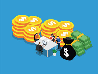 A group of people are gathered around a table with Stacks of gold coins, bundles of banknotes, and a money bag are scattered around 3d isometric vector illustration