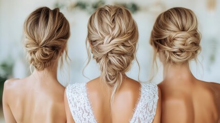 Three women seen from the back wear intricate and elegant bridal hairstyles with buns, showcasing timeless beauty and sophistication perfect for special occasions.