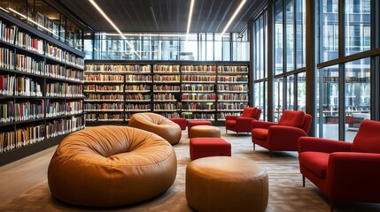 Modern library interior with comfortable furniture for reading