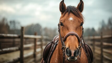 A brown horse stands in a fenced enclosure under a cloudy sky with rain droplets on a serene day, evoking feelings of tranquility and contemplation in a rustic setting.