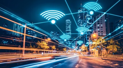 Futuristic metropolis with an advanced automated traffic control system featuring holographic signal displays for efficient urban mobility and transportation in a modern