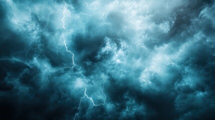 An ominous teal sky with fierce lightning streaks accentuating the tumultuous clouds, creating an intense and dramatic depiction of a brewing thunderstorm.