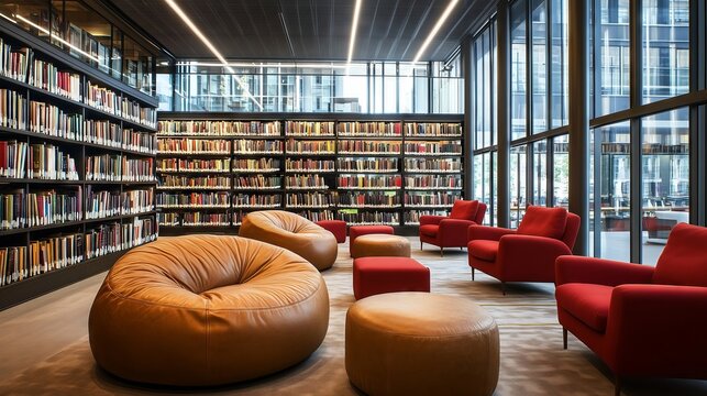 Modern library interior with comfortable furniture for reading