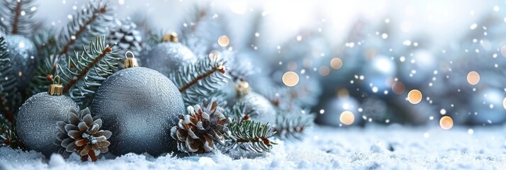Beautifully arranged silver ornaments and pinecones amidst a snowy backdrop during a winter holiday celebration. Generative AI