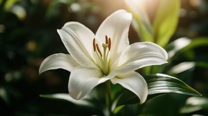 A vibrant white lily stands proudly bathed in warm sunlight, surrounded by lush greenery that adds a bright and fresh feel to the floral composition.