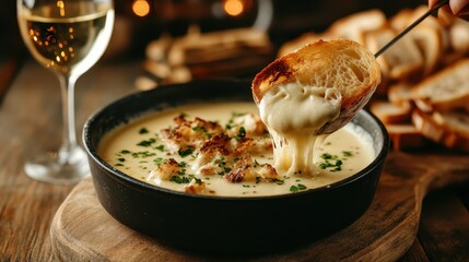 A delicious cheese fondue dish with toasted bread garnished with herbs, elegantly set on a wooden table alongside a glass of white wine and warm ambiance.