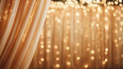 A luxurious golden curtain elegantly draped, with soft bokeh lighting in the backdrop, creating a warm and enchanting ambiance ideal for any elegant setting.