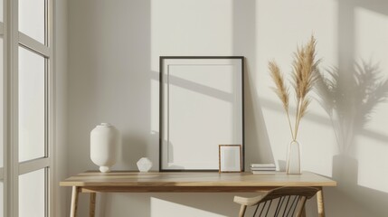A clean, minimalist home office with white walls and a wooden desk. The desk features a blank picture frame and a small ceramic bowl. Soft