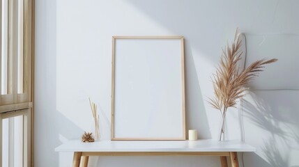A clean, minimalist home office with white walls and a wooden desk. The desk features a blank picture frame and a small decorative object. Soft