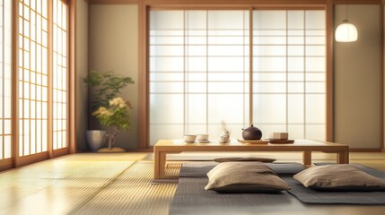 Traditional Japanese Tea Ceremony Setting with Tatami Mat Flooring
