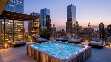 Naklejka premium Rooftop Hot Tub with City Skyline View at Twilight