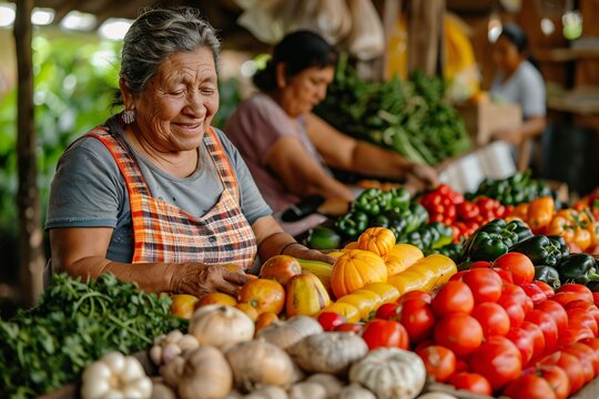 A cheerful vendor smiles while arranging a variety of colorful fruits and vegetables at a local market. The setting buzzes with activity as other vendors engage with customers nearby.