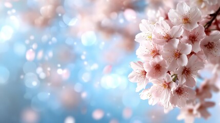 A stunning display of pink cherry blossoms in full bloom set against a soft, out-of-focus blue sky, capturing the serene grace of spring's most beautiful flowers.